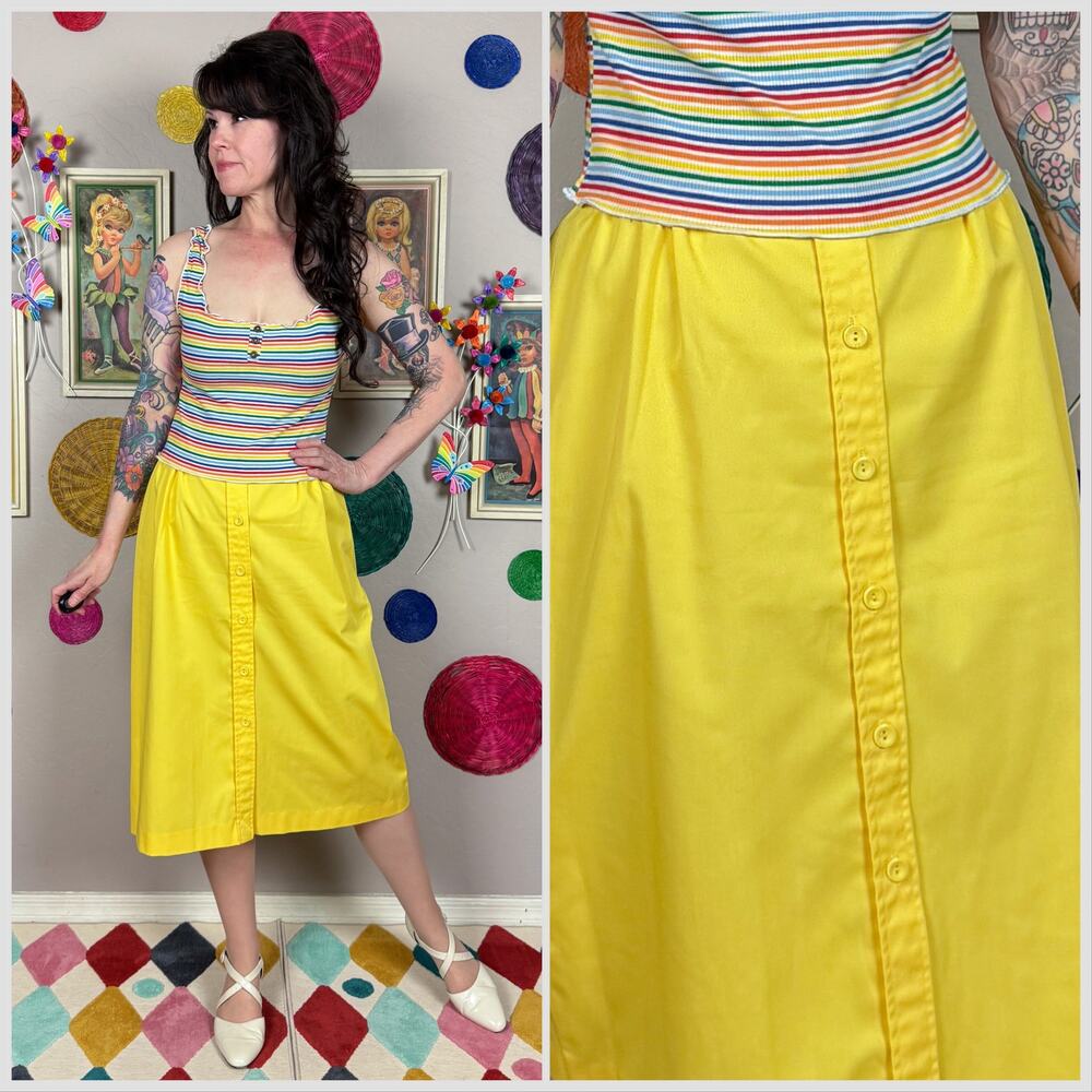 Vintage 1970s Yellow Cotton Button Front Skirt